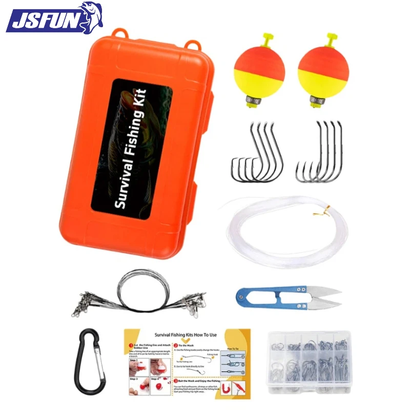 JSFUN-Kit de pesca con señuelo de emergencia, juego de aparejos de pesca todo en uno con tijeras de línea, anzuelos flotadores, pesca duradera portátil, 90 Uds.