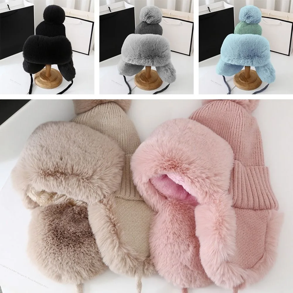 Gorro con orejeras cálido para invierno, gorro de cazador de piel sintética tejido, gorro grueso con protección para los oídos de Color sólido, regalo de invierno al aire libre para mujer