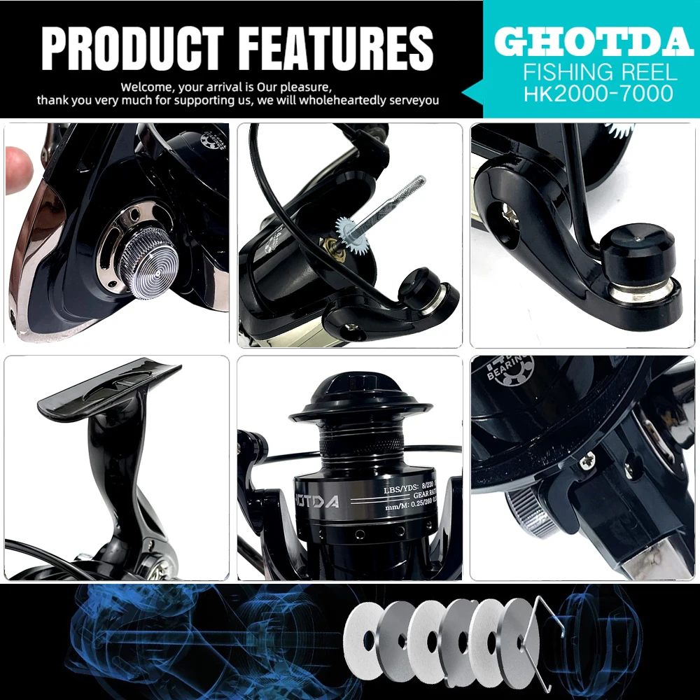 GHOTDA-carrete giratorio de pesca de SpoolFishing 2000: 1, 7000-5,2, relación de engranaje, señuelo de lago de agua dulce y salada, carrete de pesca duradero - imagen 4