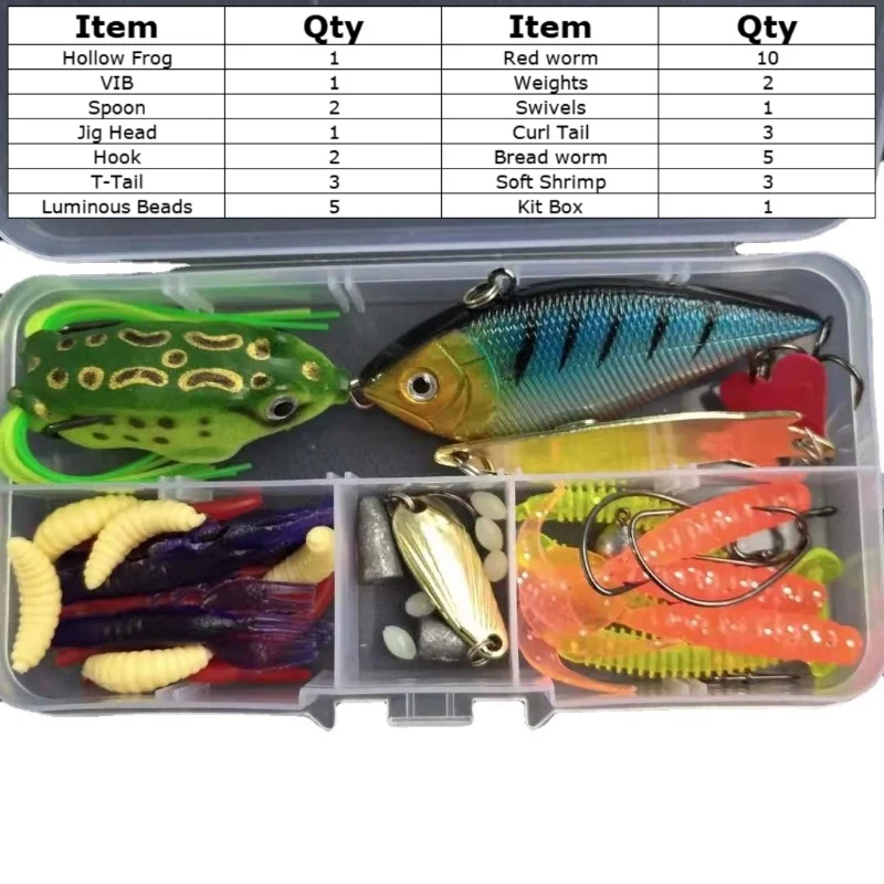 Wondersee-Kit de Señuelos de Pesca, 40 Uds., cuchara VIB de rana, cabeza de plantilla, cola en T, gusanos de camarón suaves, caja de almacenamiento de cuentas, venta al por mayor, liquidación de existencias - imagen 3