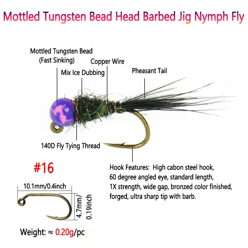 Bimoo 6PCS # 16 plantilla moteada con cabeza de cuentas, plantilla de púas, Ninfa de hundimiento rápido, Euro, Perdigon húmedo, Ninfa Panfish, trucha, Señuelos de Pesca con mosca, cebo - imagen 3