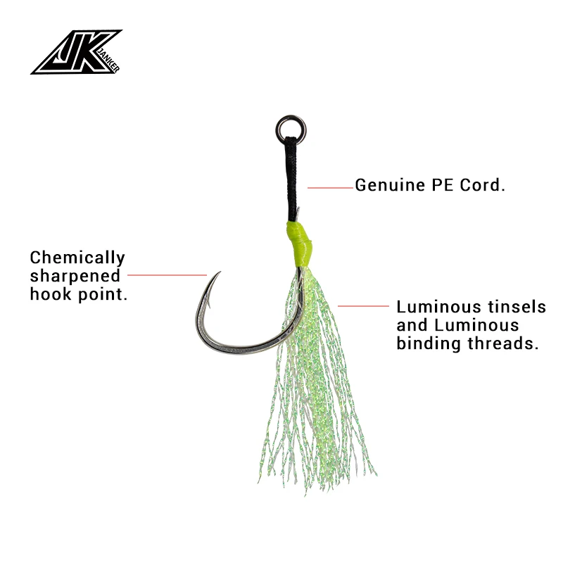 Anzuelos de asistencia JK ALJ 1/0, 2/0, 3/0, 4/0, para Jigging individual, anzuelos de agua salada con pluma brillante - imagen 4