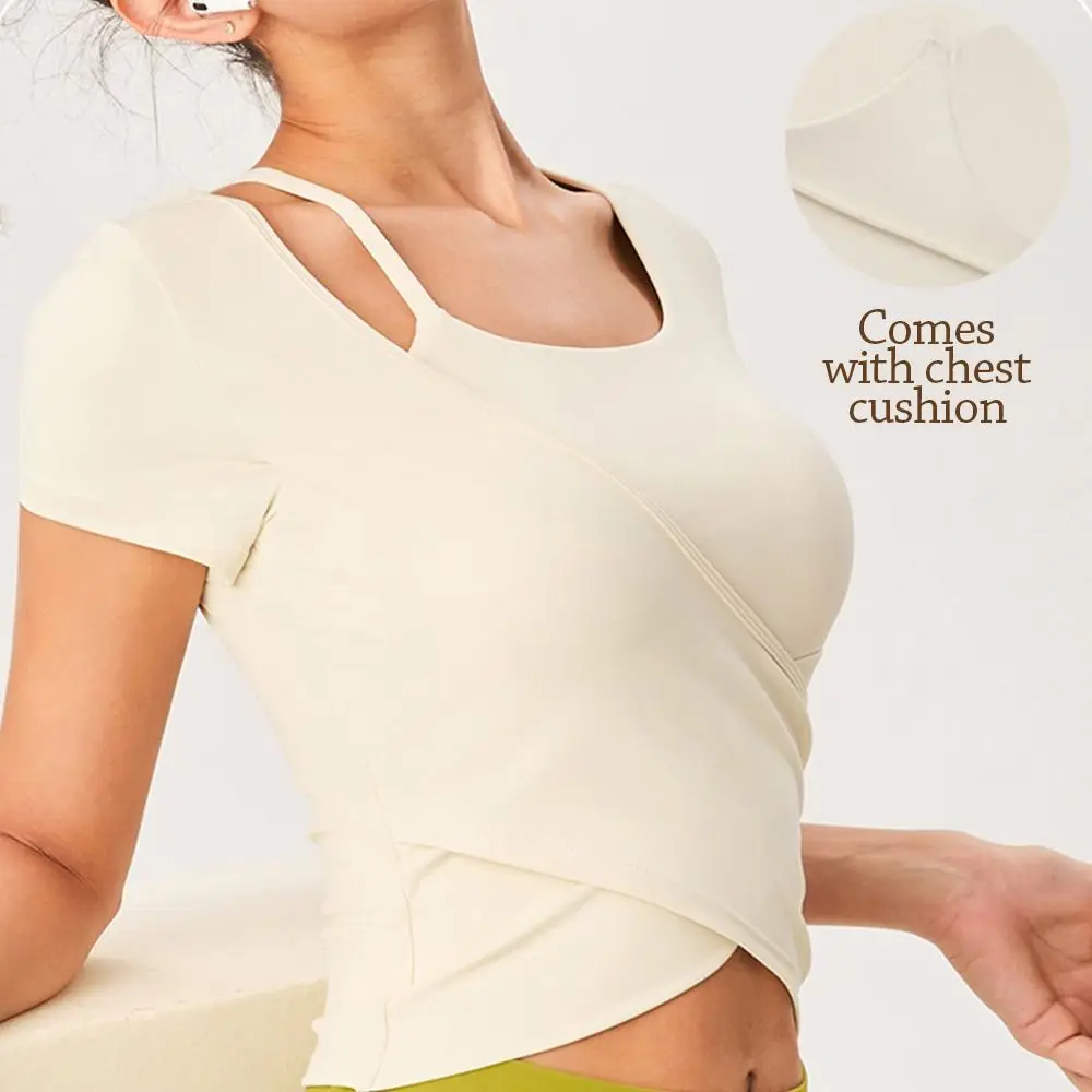 Correr con sujetador deportivo Camisa de yoga Camisa deportiva transpirable cruzada Camiseta sin mangas elástica de manga corta Deportes al aire libre - imagen 3