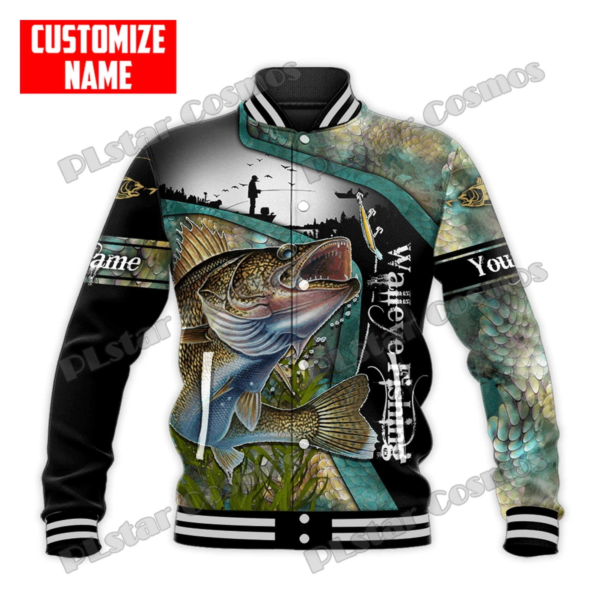 Nombre personalizado Walleye Fishing 3D impreso moda hombres Bomber chaqueta a presión completa Unisex Casual chaqueta de béisbol de invierno FX22