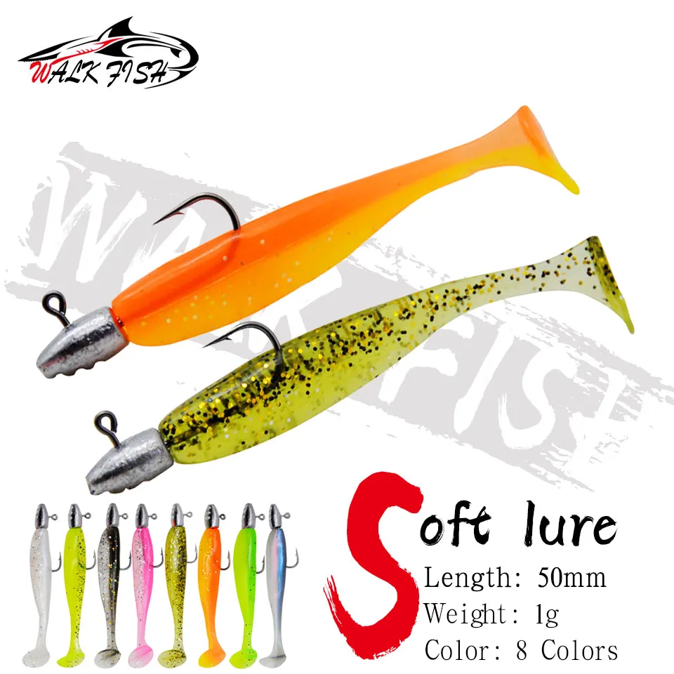 WALK FISH-señuelos artificiales de gusano de cola en T, cabeza de plantilla de pesca de fondo de raíz, gancho de cebo suave, 5 unidades por lote