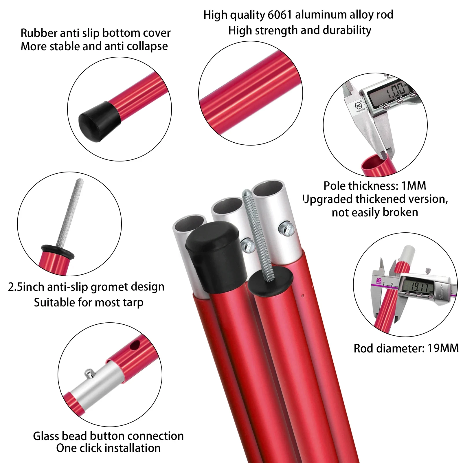 SANLIKE 2 juegos de postes de tienda telescópicos ajustables de aluminio rojo de 1,9 m de espesor OD 19mm postes impermeables accesorios para acampar al aire libre - imagen 4