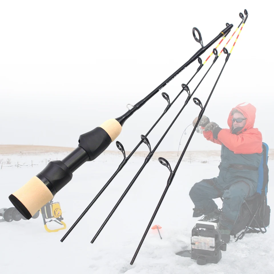 Juego de cañas de pescar en hielo de tres secciones: caña compacta de fibra de carbono de 55 cm con mango cómodo, adecuada para pesca en hielo en invierno.