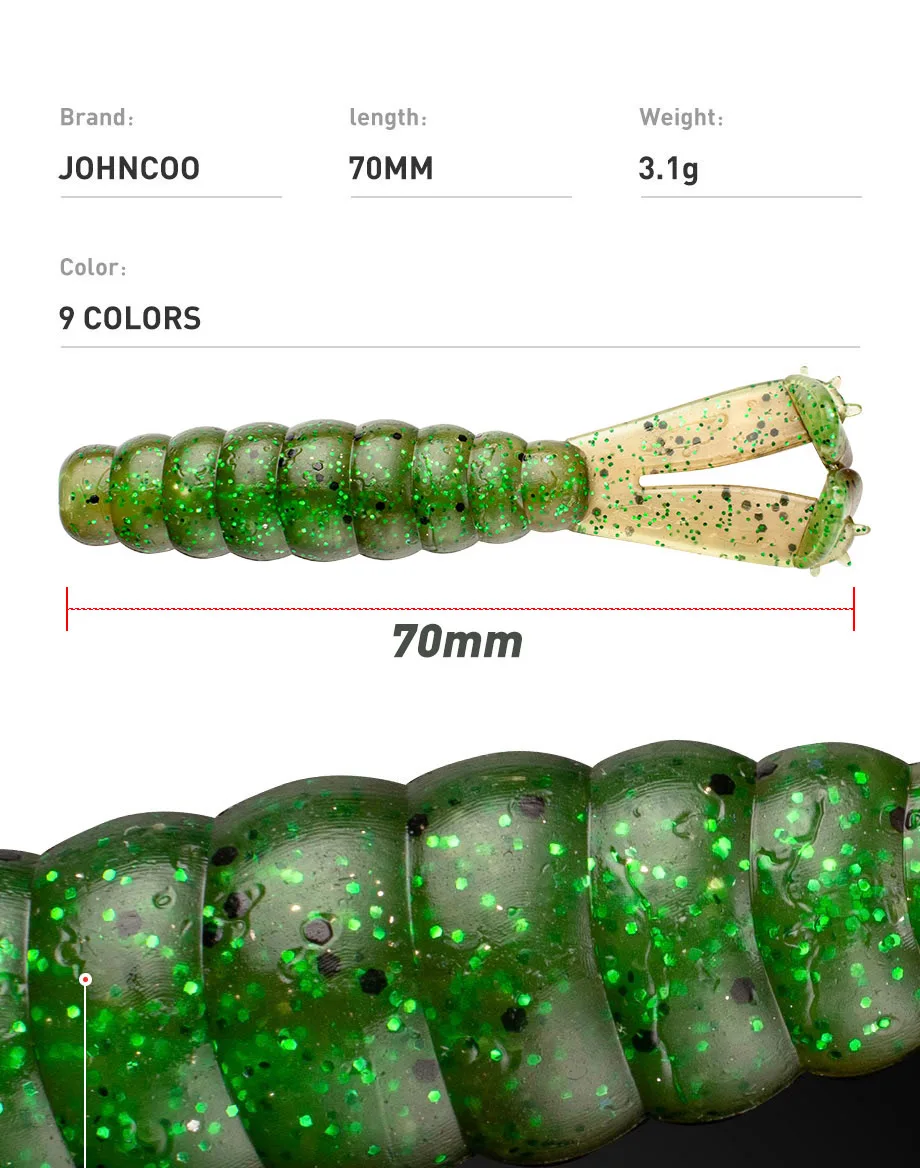 Detalle de las dos colas del cebo JOHNCOO mostrando su flexibilidad