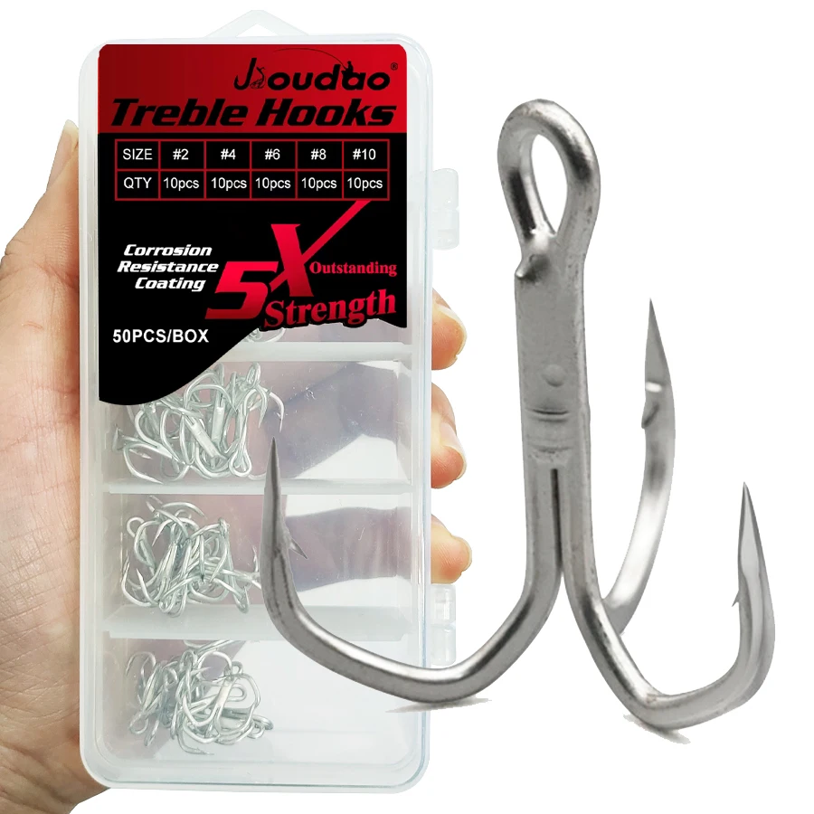 Juego de anzuelos de pesca triples, 50 Uds., anzuelos de pesca triples de acero al carbono, anzuelos redondos fuertes y afilados para pesca en agua salada, 5 tamaños mixtos - imagen 2