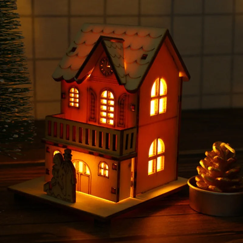 Casa de madera con luz Led para Festival, decoraciones para árboles de Navidad para decoración del hogar, casa de madera, regalo artesanal, decoración de ventanas - imagen 4