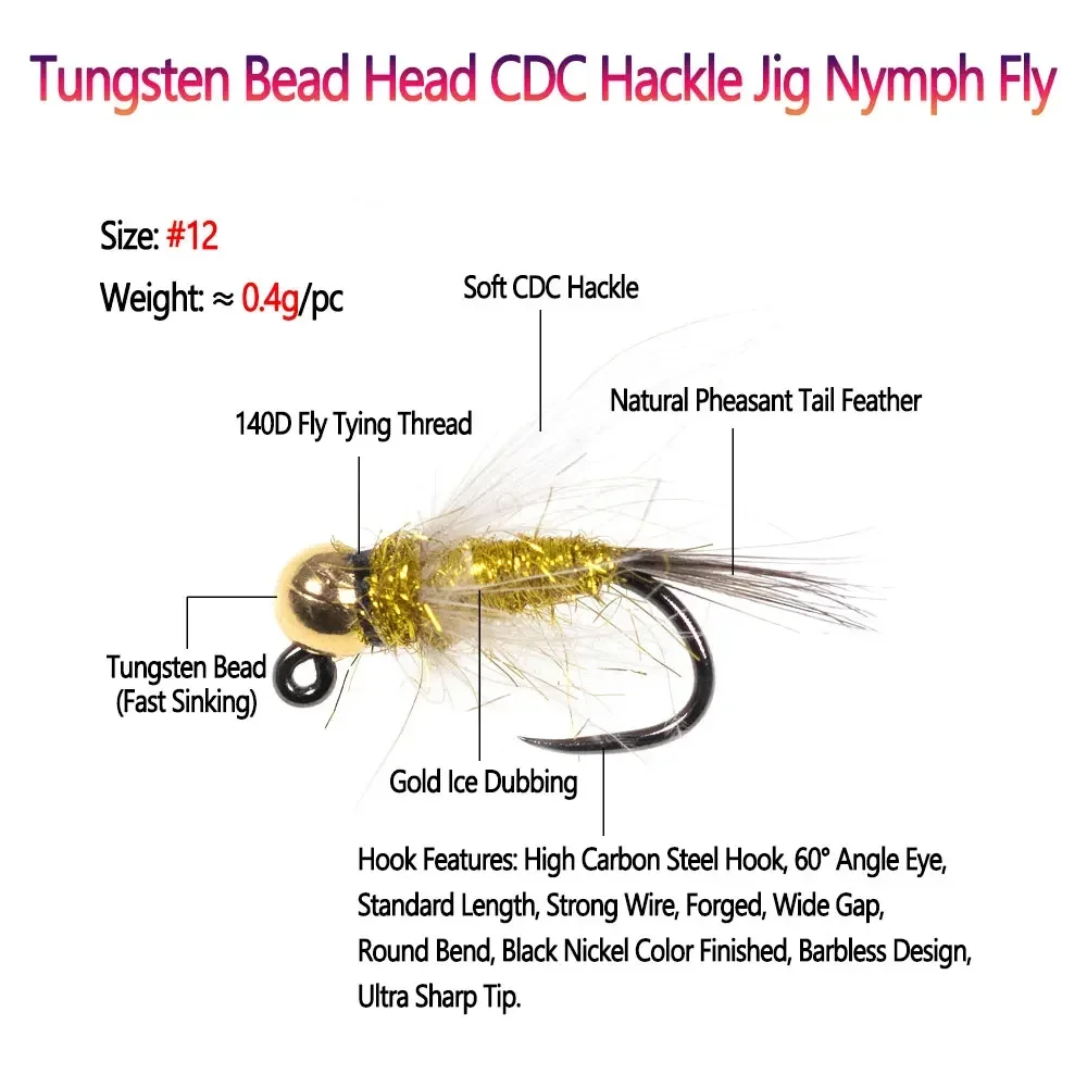 Bimoo 4 piezas # 12 cabeza de cuentas de tungsteno CDC Hackle Jig Ninfa Fly Pheasant Tail hundimiento rápido húmedo Euro Ninfa mosca trucha Señuelos de pesca - imagen 2