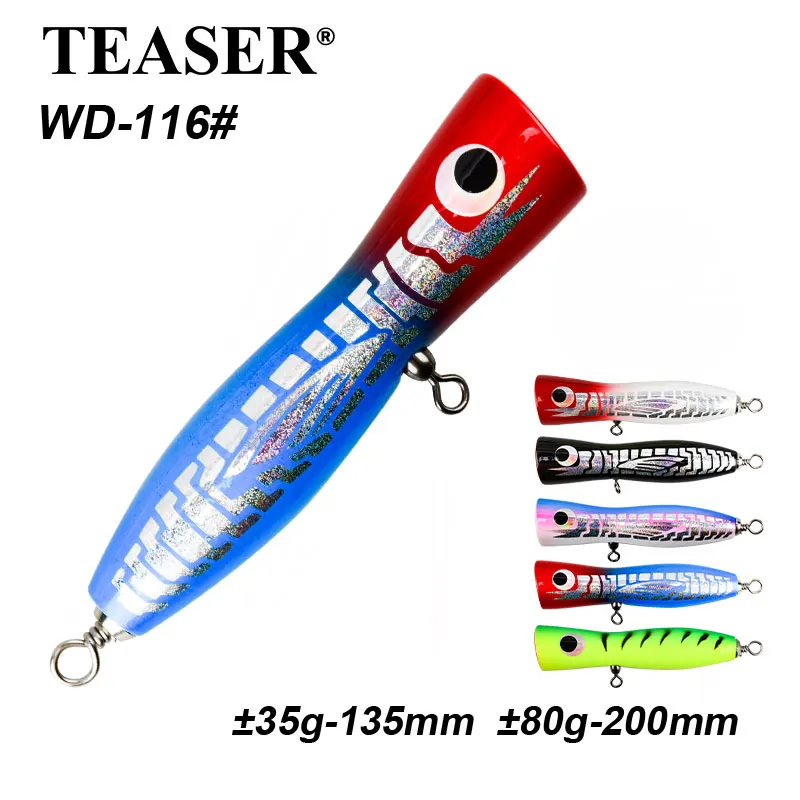 TEASER WD116 80g Topwater madera Popper señuelo carpa de agua salada SwimBait señuelo Trolling pesca de mar de madera Popper cebo con Triple gancho