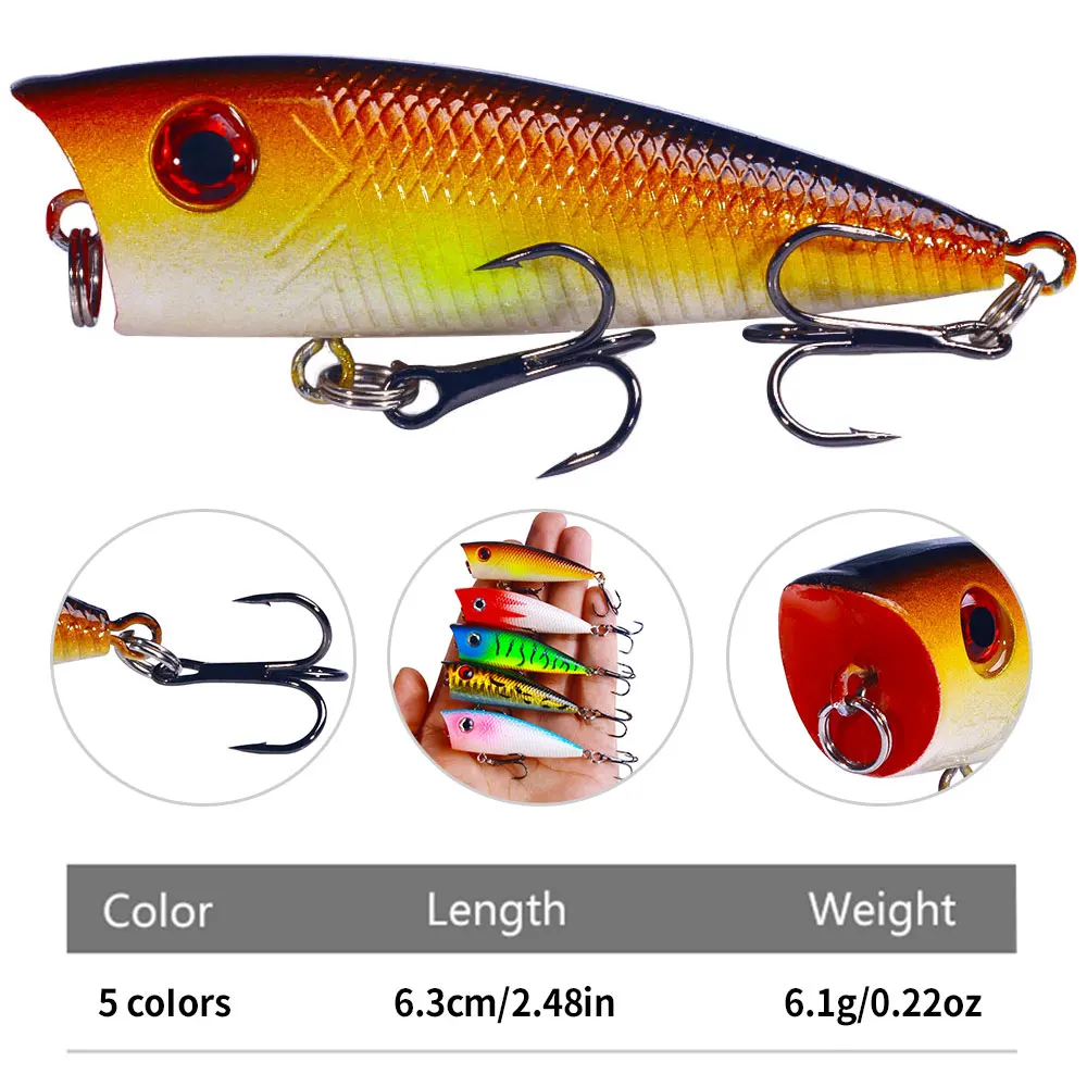 1 uds/5 uds 6cm 6,3g Señuelos de Pesca Popper Topwater flotante lubina pike carpa Pesca de mar manivela señuelo Swimbait Wobbler aparejos de Pesca - imagen 2