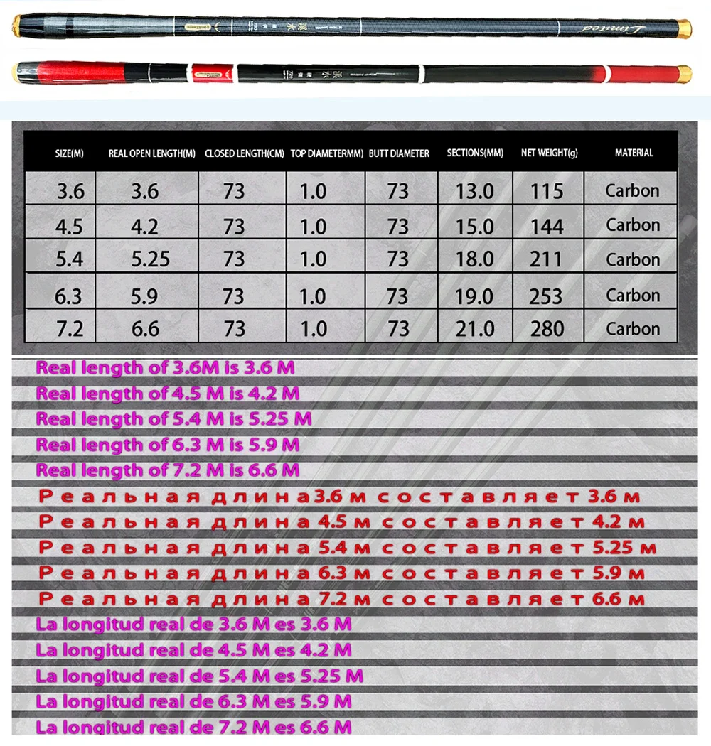 Caña de pescar de fibra de carbono, aparejo telescópico ultraligero, duro, alimentador de carpa, Arroyo, lago, depósito, estanque, 3,6-7,2 M - imagen 5