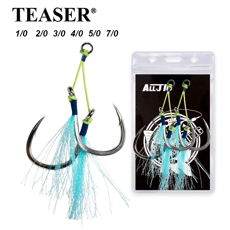 TEASER HK035 2 unids/bolsa 1/0-7/0 anzuelo de pesca con púas de acero rico en carbono brillo UV agua salada anzuelos de ayuda de Jigging de Metal lento - imagen 2