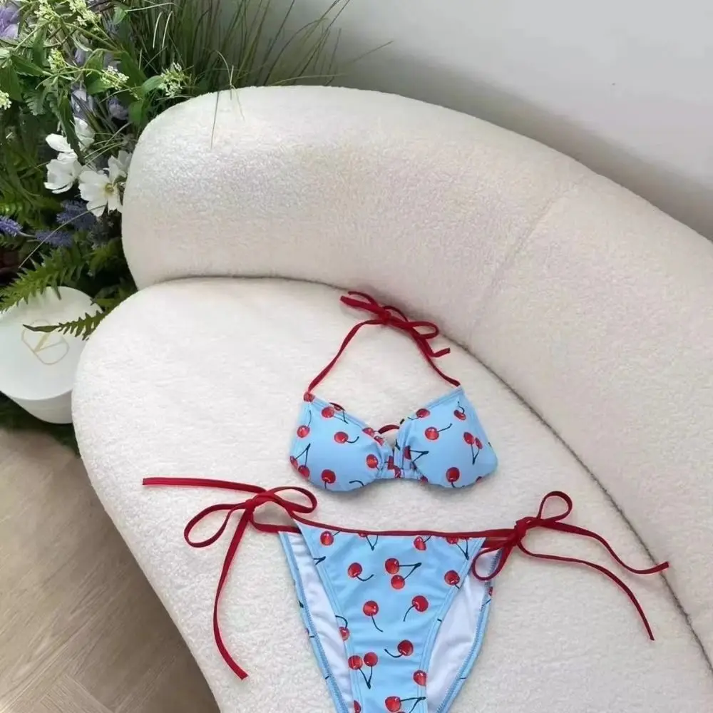 Pure Desire-Conjunto de Bikini de cereza de Color puro, traje de baño Sexy de malla con realce y cordones, traje de baño con estampado de cuello en V para vacaciones de verano - imagen 5
