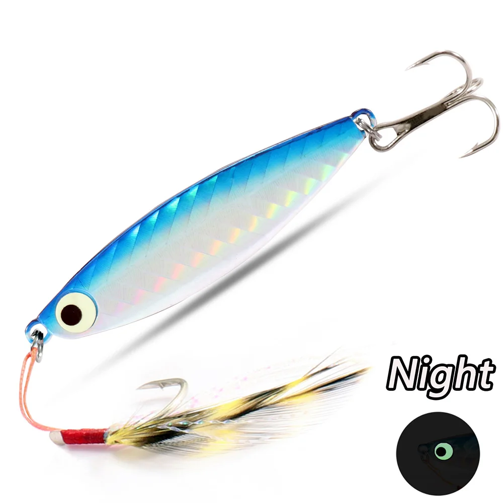 Señuelos de Pesca plantilla de Metal cuchara giratoria pluma gancho de carbono cebo Artificial duro ojo luminoso hundimiento fundición aparejos de lubina Pesca - imagen 2