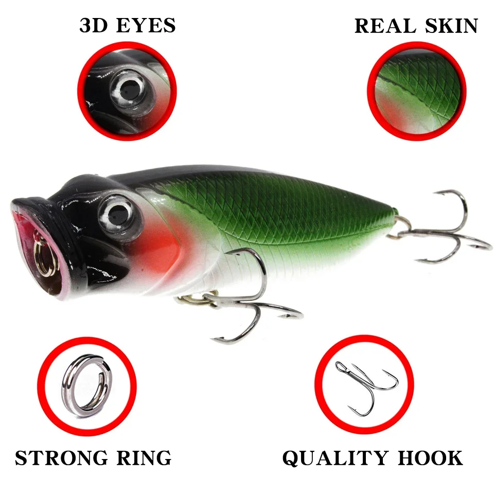 Señuelos de Pesca Topwater Popper, 1 piezas, ojos 3D, Crankbait Wobbler, aparejos de pesca, 5 colores disponibles, cebos duros al por mayor - imagen 3