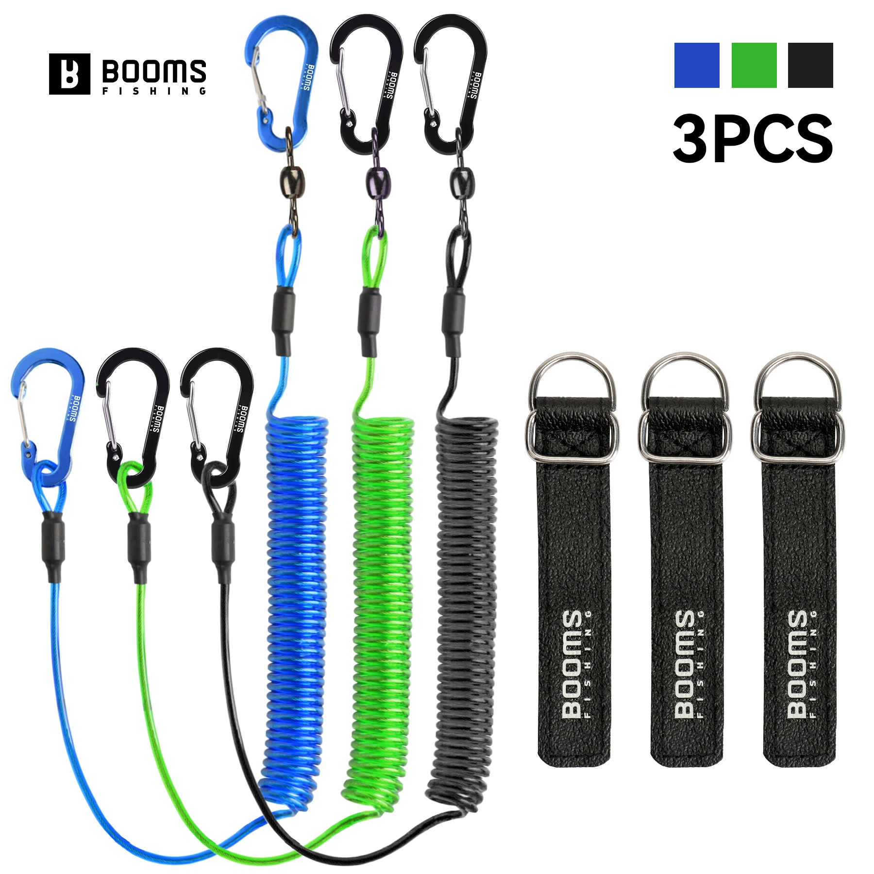 Booms Fishing 2M 3pcs Fishing Coiled Lanyards con Rod Tie Fishing Lanyard para la navegación por vías con accesorios de pesca carabiner
