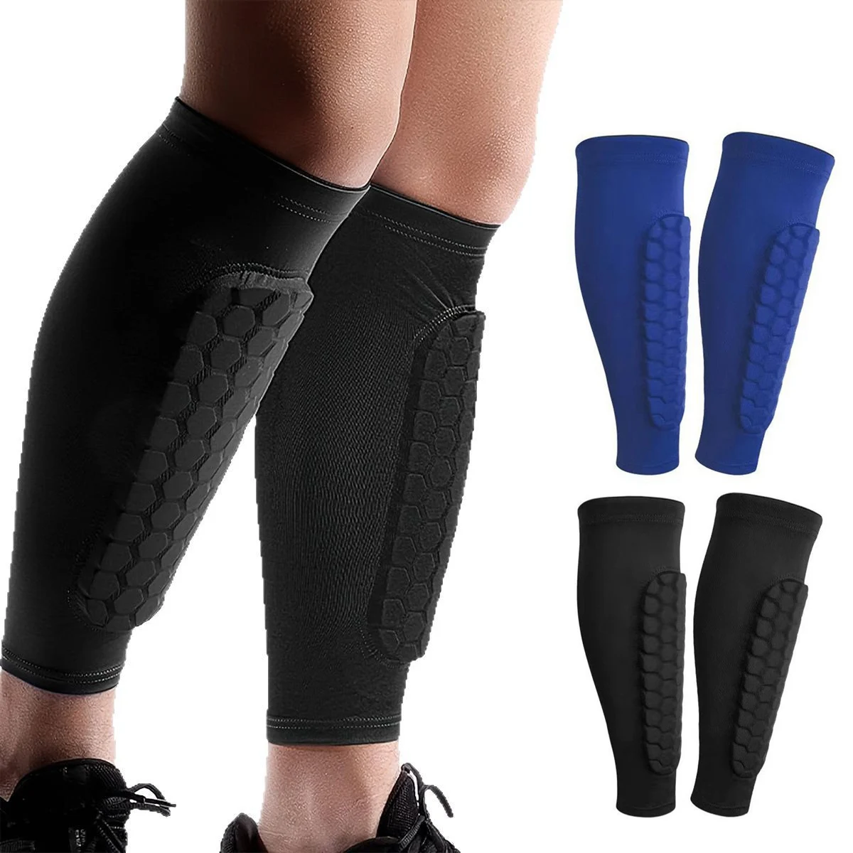 1 par de espinilleras de fútbol, mangas con espuma, manga de compresión de pantorrilla, almohadillas de panal, mallas deportivas y equipo de fútbol