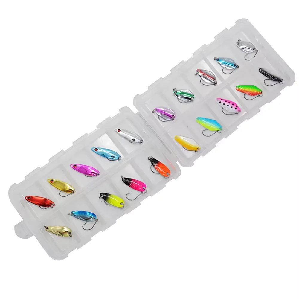 TWM20Pcs/Set de Señuelos de Pesca de colores mezclados, juego de cebo con cuchara, Kit de señuelos de Metal, Señuelos de Pesca con lentejuelas con caja, anzuelos triples, aparejos de pesca - imagen 3