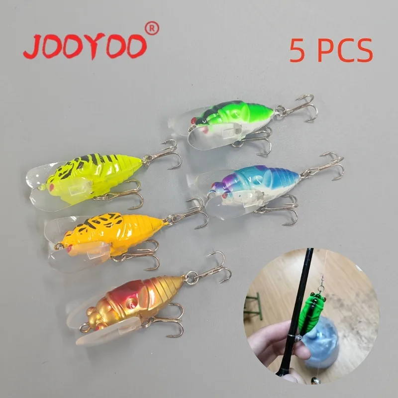 Juego de cebo Artificial de cigarra de ala blanda de nivel superficial, 5 uds., flotante, oscilante y acción realista, adecuado para agua dulce y salada