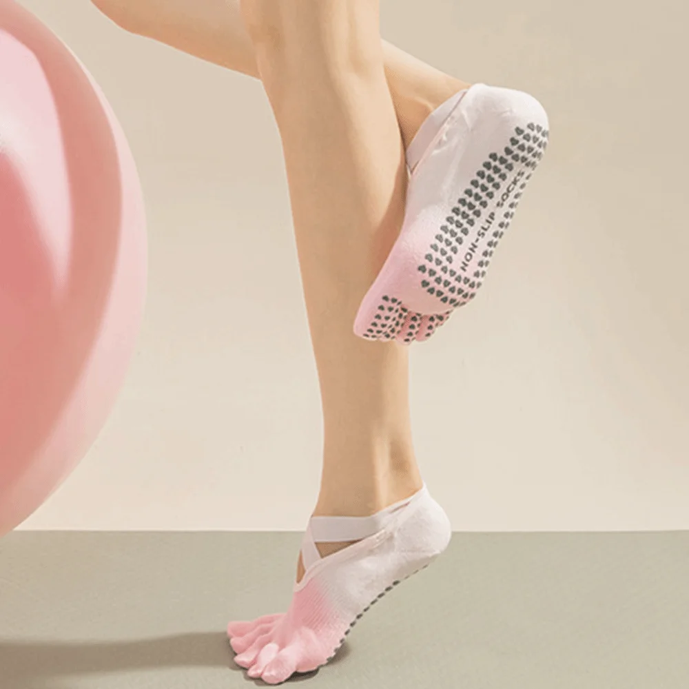 1 par de calcetines de Yoga antideslizantes de cinco dedos con correa cruzada calcetines de Yoga con dedos divididos de cinco dedos elásticos de algodón - imagen 2