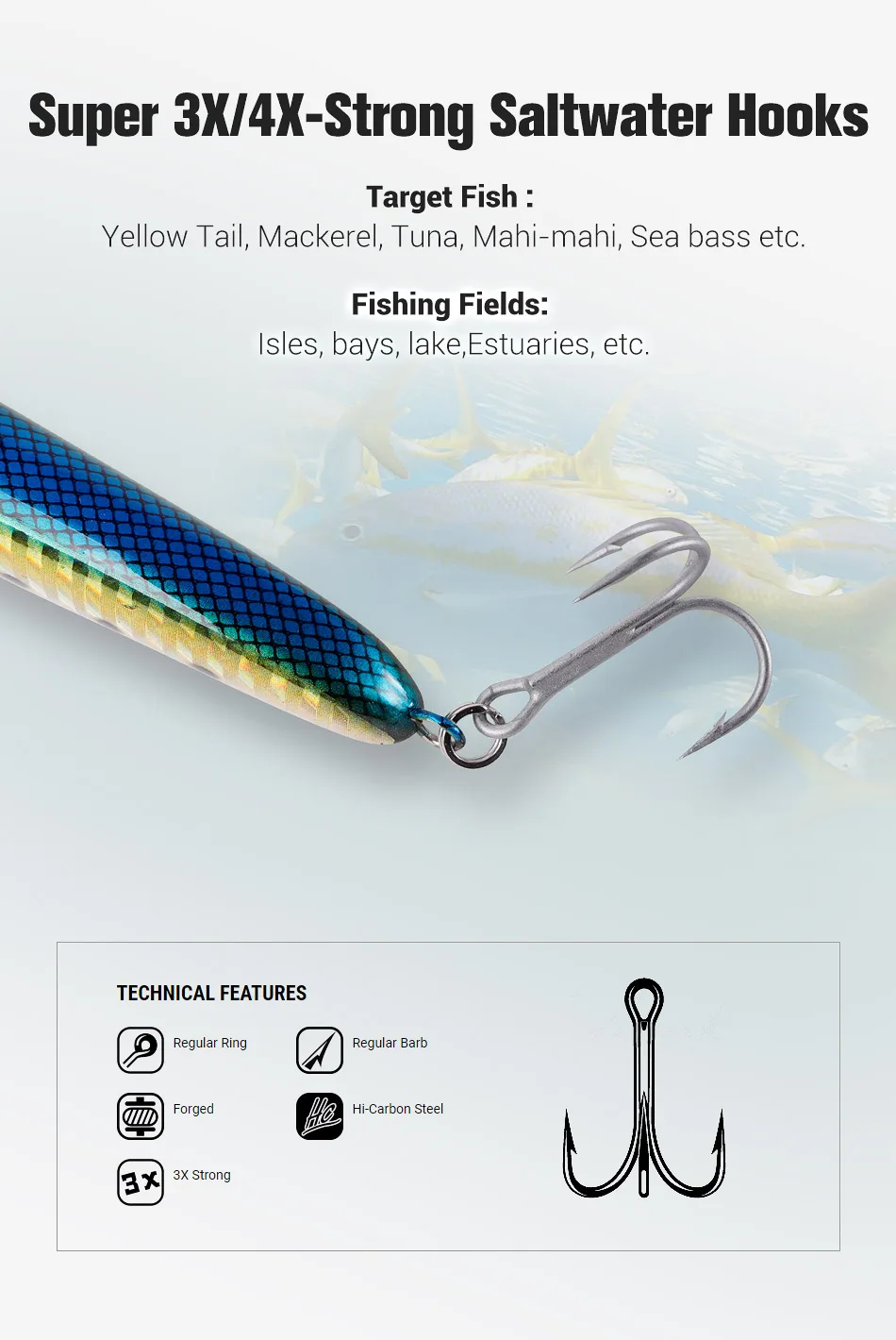 Ganchos de agua salada super 3k/4x para pescado objetivo en varios campos de pesca