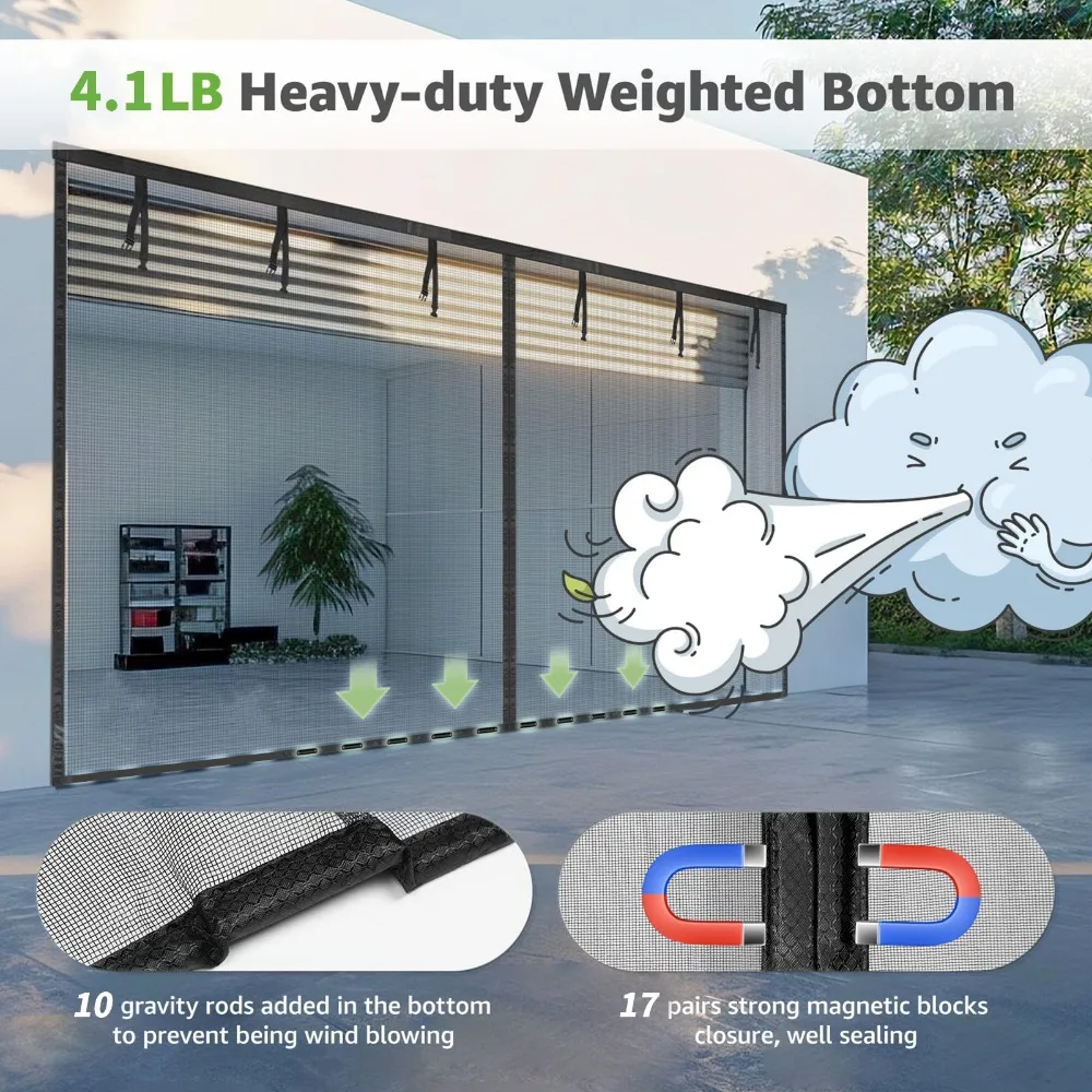 Puertas de pantalla de garaje de 16x7 pies para 2 puertas de garaje, pantalla de puerta de garaje magnética duradera y resistente, manos libres con 6 estrellas enrolladas - imagen 4