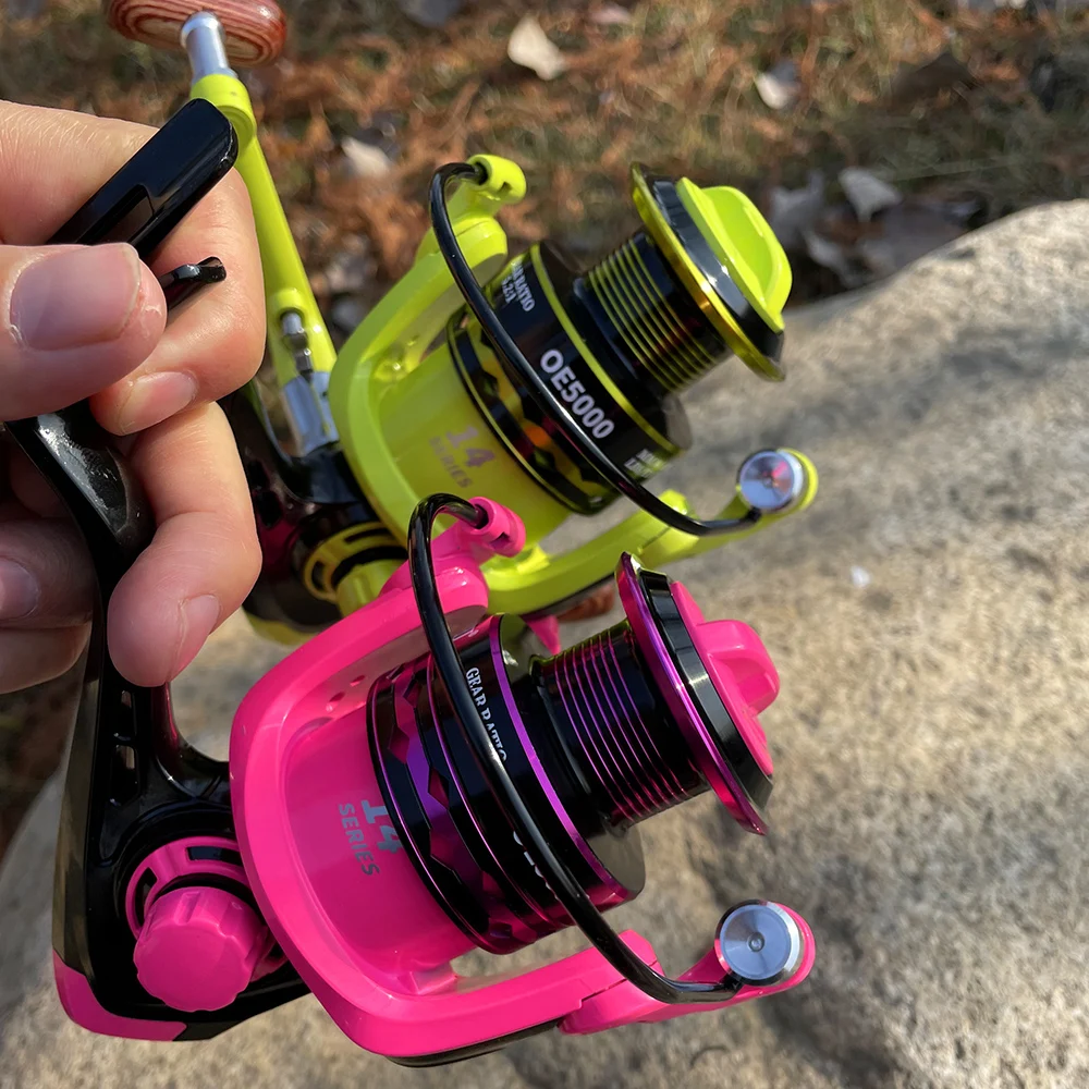 Carrete giratorio rosa/verde para pesca de agua dulce/salada, rueda de Surf ligera, arrastre de 5kg-12kg, potencia 2000 3000 4000 5000 6000 7000 bobina - imagen 5