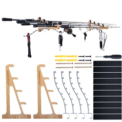 Goture Juego organizador de caña de pescar, estante de madera maciza montado en la pared con ganchos en S, fácil montaje que ahorra espacio, aparejos de varillas eficientes