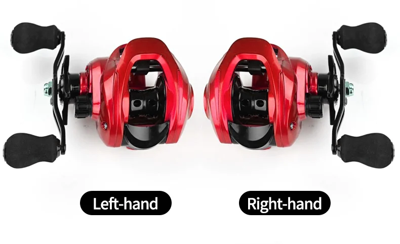 Un carrete de pesca rojo y negro con las palabras de la mano izquierda y la mano derecha escrita en él