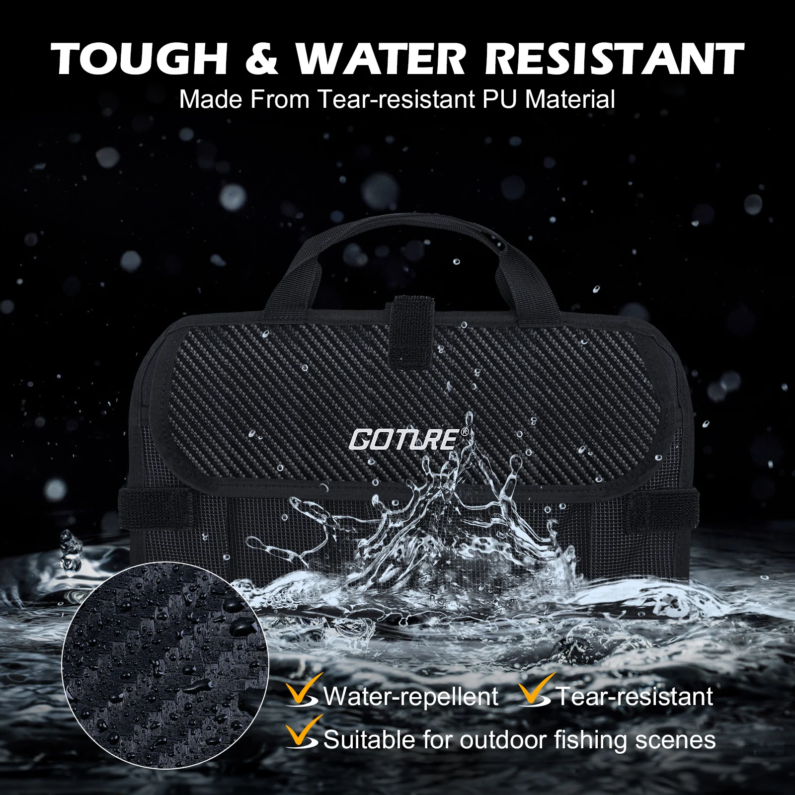 Goture-bolsa para señuelos de pesca, bolsillos de malla, resistente al agua, PU 600D, bolsa para señuelos de pesca, agua salada, agua dulce, compartimento desmontable - imagen 3