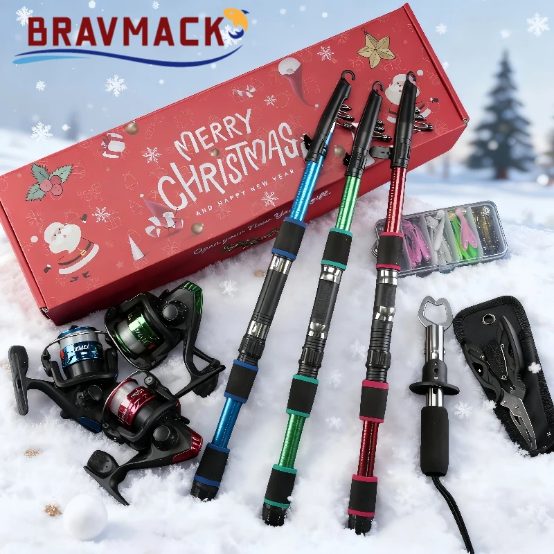 BRAVMACK Kit completo de pescador para Navidad: combinación de caña de pescar y carrete equipado con pinza para peces y juego de señuelos |   Regalo navideño