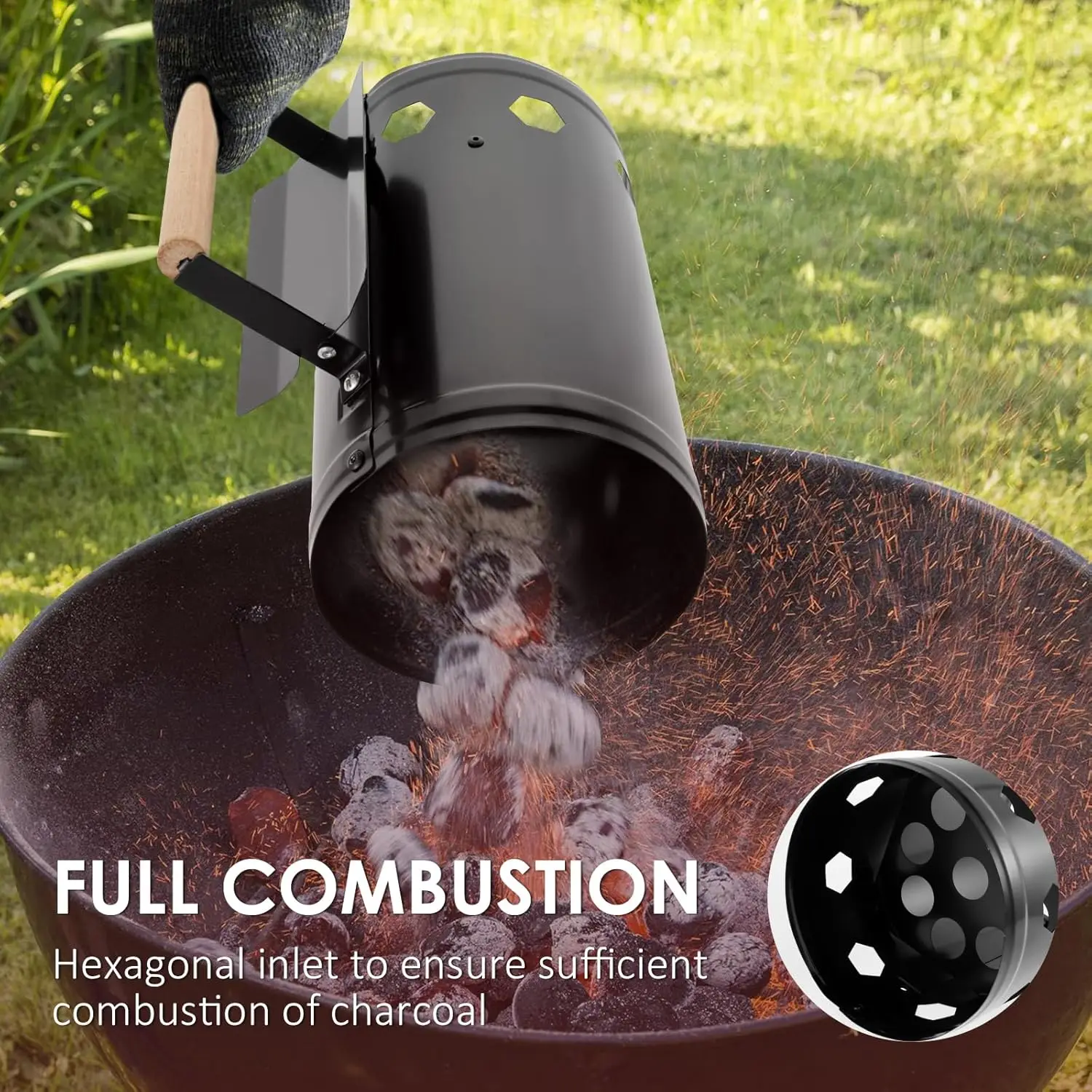 Arrancador de chimenea de carbón, cubo de chispa portátil para exteriores, resistente a altas temperaturas, cubo de encendido de carbón recubierto de polvo de hierro - imagen 4