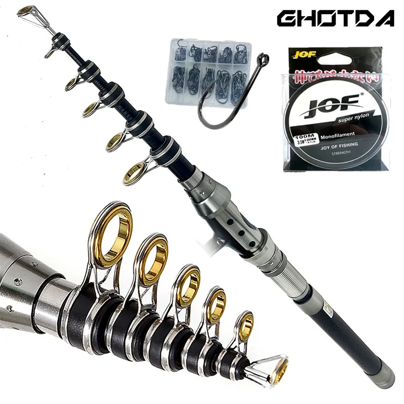 Caña de pescar de mar de carbono ultraligera, 1,5/1,8/2,1/2,4 M, caña de surf de viaje telescópica multifunción con gancho de línea, Kits completos - imagen 2