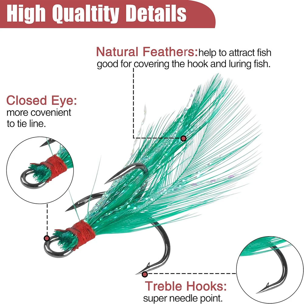 Anzuelos triples de pesca, cebos con pluma, línea de flash, atado de moscas, aparejos de pesca de trucha y lubina, 50 unids/lote por caja - imagen 2