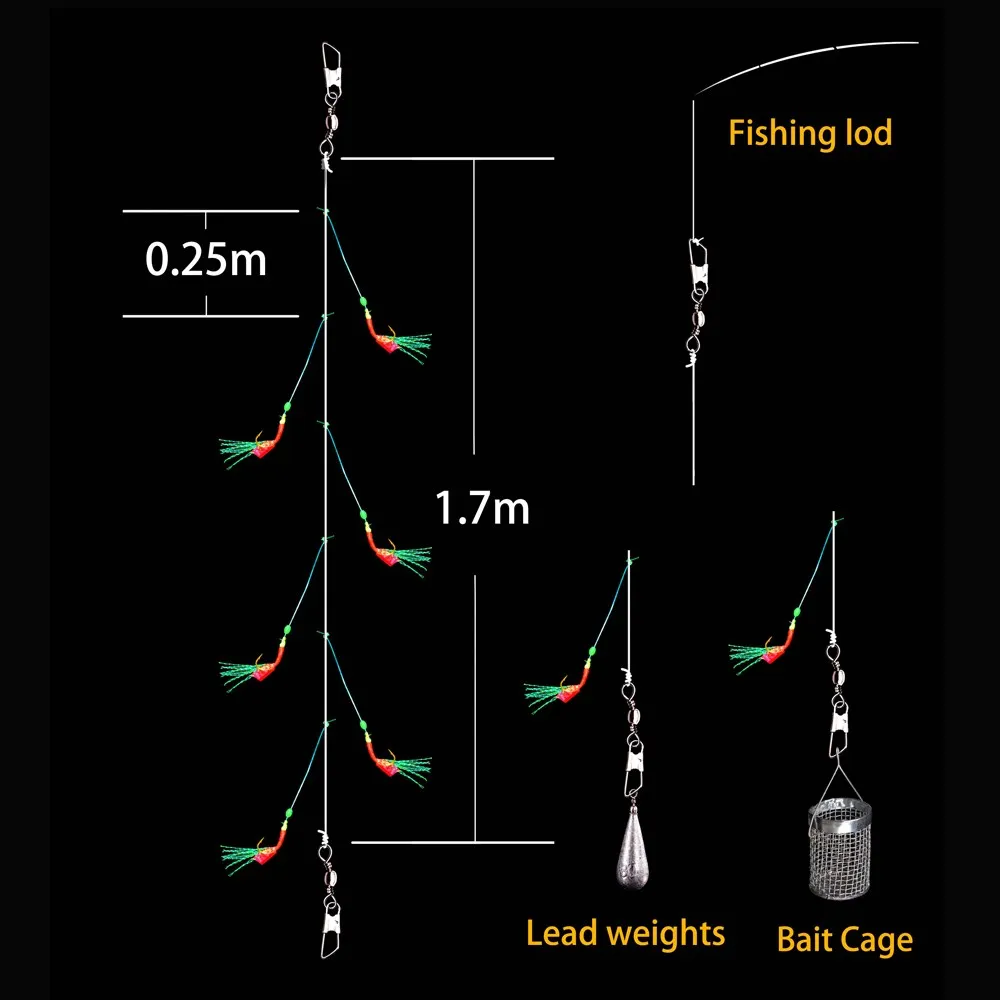 50 paquetes/juego de aparejos Sabiki de piel de pescado, anzuelos dorados de Maruseigo con púas con frijol luminoso para pesca en el mar, anzuelo de cuerda, venta al por mayor - imagen 5