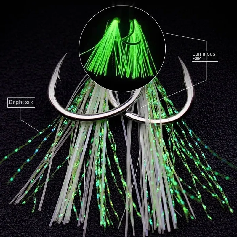 1 Uds anzuelo de pesca luminoso 1/0-4/0 anzuelo de asistencia plantilla señuelo UV doble gancho lento rápido doble par Jigging Fish jig anzuelos de asistencia - imagen 3