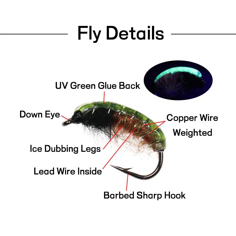 Bimoo 8PCS # 8 # 10 pegamento verde UV espalda ninfa trucha pesca insecto Artificial cebo señuelo Scud insecto gusano moscas - imagen 2