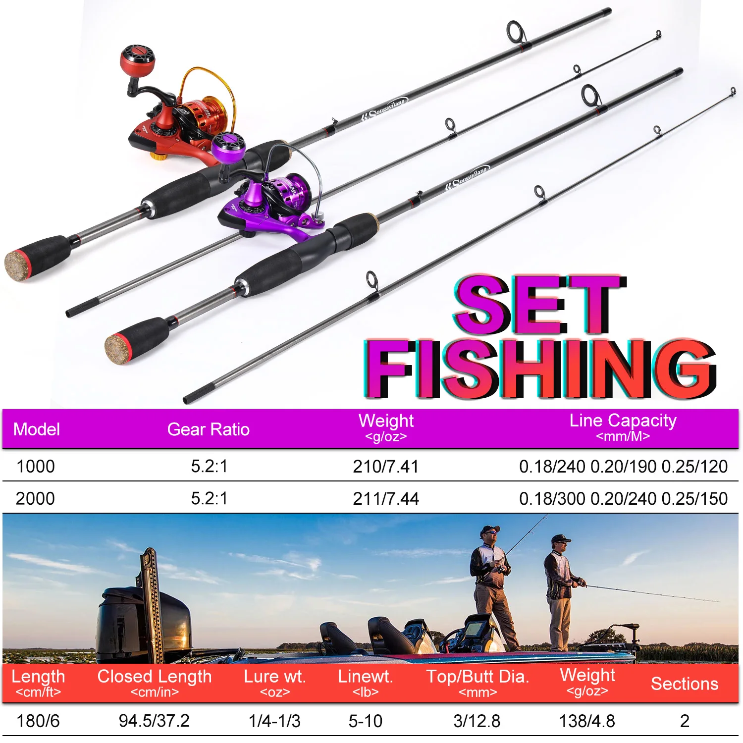 Sougayilang-caña de pescar giratoria, caña de fibra de vidrio de 2 secciones y carrete de Pesca, Kit completo de arrastre máximo de 5kg, Pesca de lubina de agua dulce - imagen 2