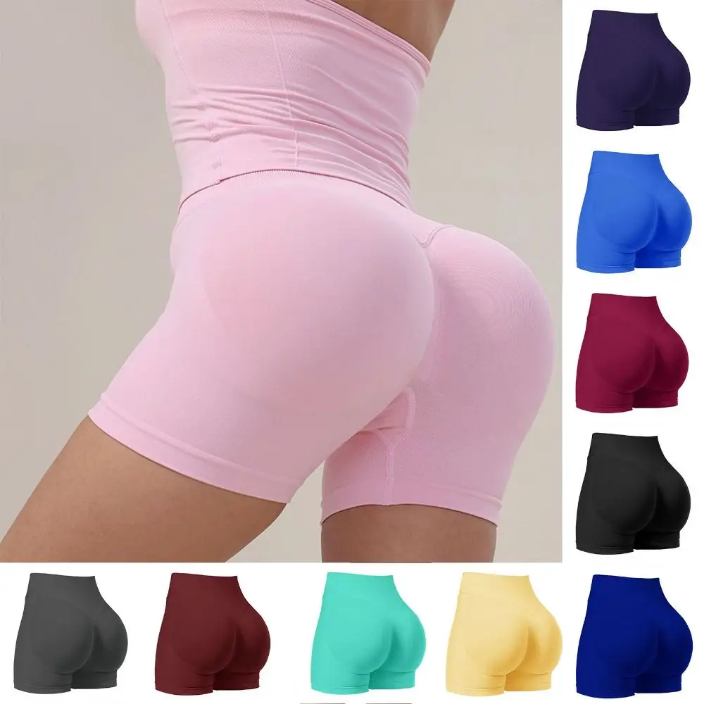 Mallas sin costuras, pantalones cortos de gimnasio, pantalones cortos elásticos ajustados para motorista, glúteos levantados, pantalones cortos de Fitness de Color sólido, entrenamiento de verano - imagen 2