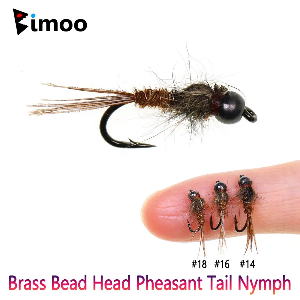 Bimoo 6PCS # 14 # 16 # 18 cabeza de cuentas de latón cola de faisán Ninfa oreja de liebre hundimiento rápido mosca húmeda trucha lubina Grayling Señuelos de pesca con mosca - imagen 2
