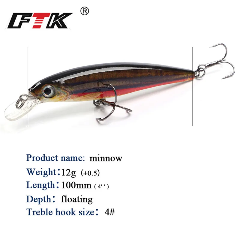 FTK-señuelo de pesca flotante MINNOW, 12g, 10CM, ojo 3D, cebo Artificial duro, Wobblers para Lucio, Crankbait, accesorios de pesca - imagen 3