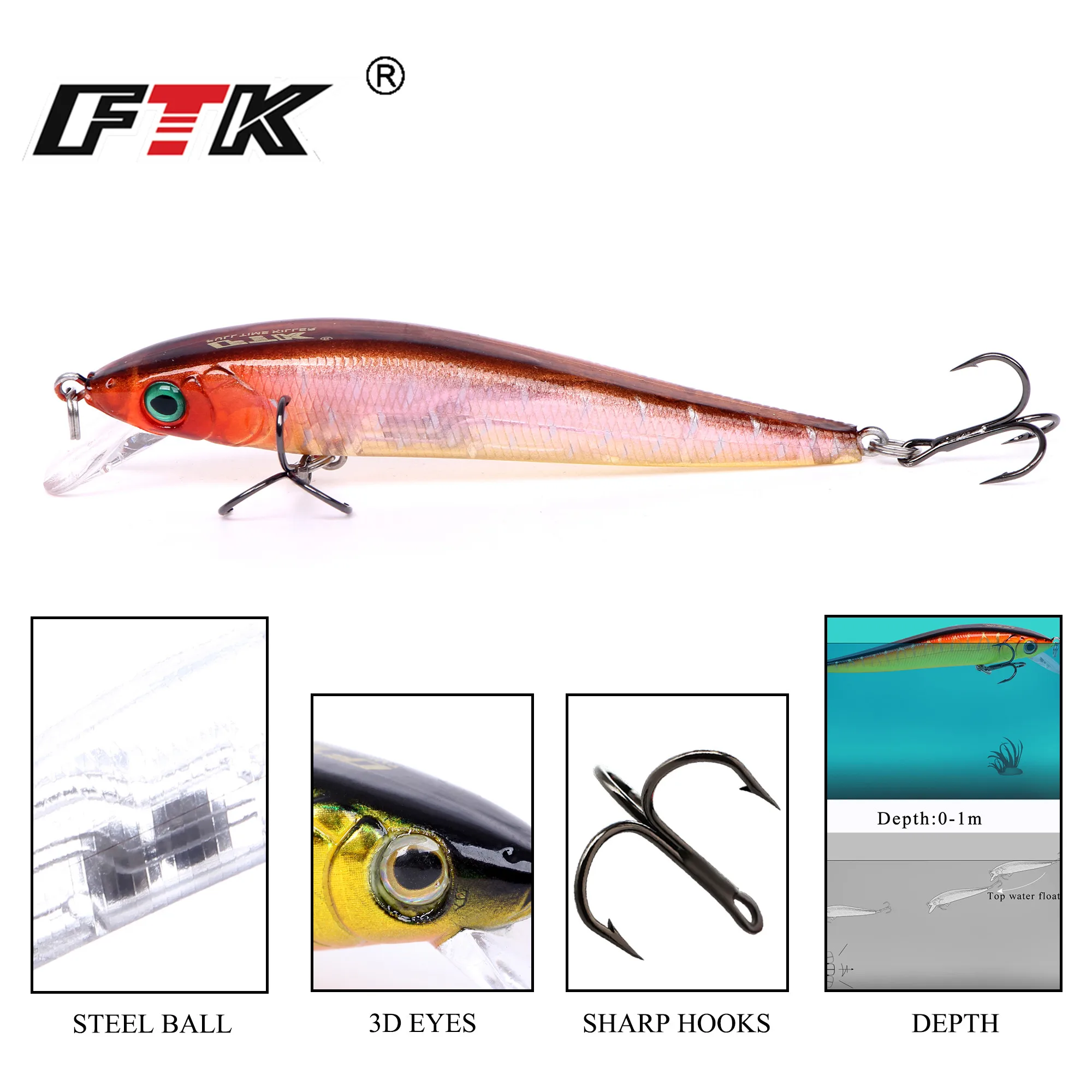FTK-señuelo de pesca de pececillos, cebo Artificial de plástico duro, Wobblers para Lucio, anzuelo de pesca de lubina, Crankbait, ojos 3D, mar, 1 piezas, 90mm, 8g - imagen 3