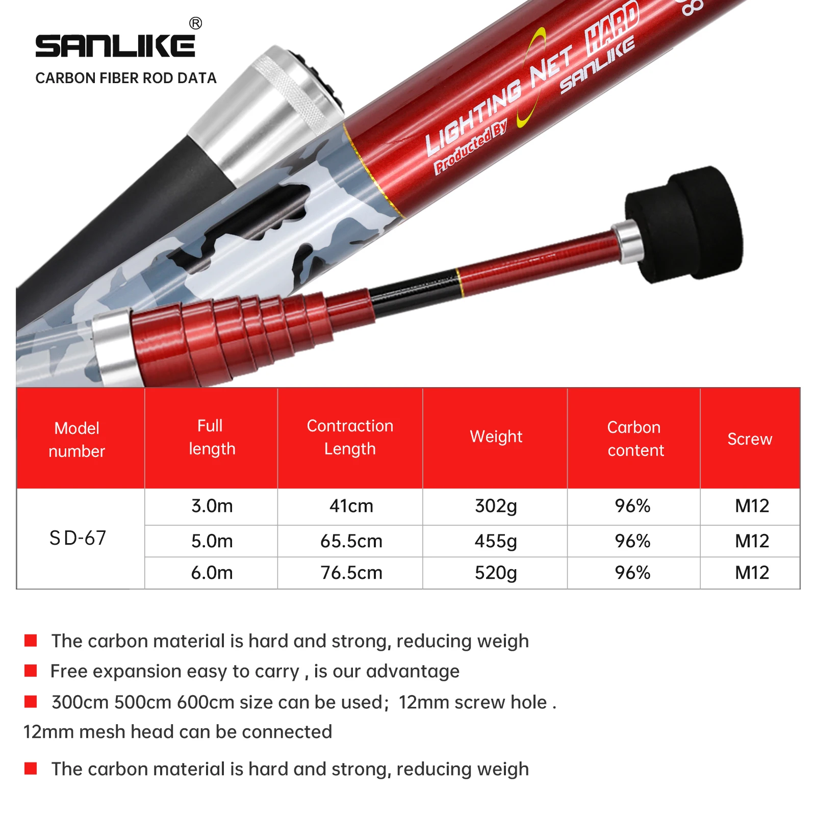 SANLIKE red de pesca de carbono, caña telescópica portátil de 3m, poste de mango largo para carpa, aparejos de pesca, liberación de captura - imagen 5