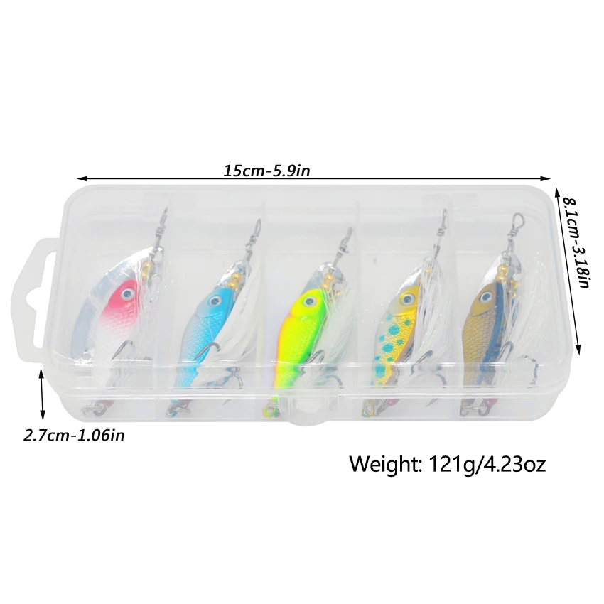 5 unids/caja 13G VIB giratorio señuelo de Pesca lentejuelas con pluma cebo duro cuchara Metal vibración Spinner para Lucio Pesca - imagen 3