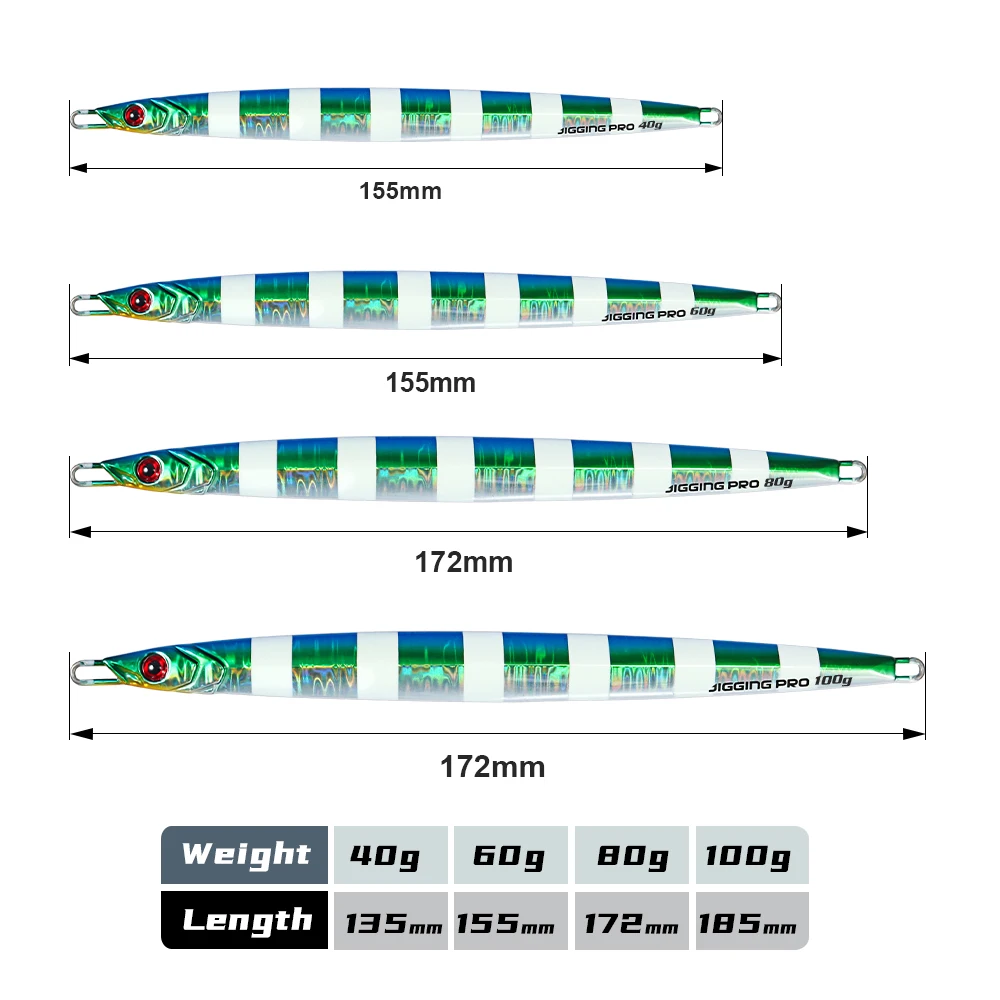 JIGGING PRO-señuelo de Jigging de hoja larga, 40g, 60g, 80g, 100g, plantilla de Metal fundido largo, señuelo de pesca en barco costero, cebo de pesca de agua de mar - imagen 2