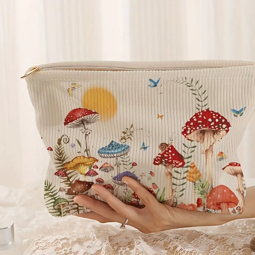 Nuevo Neceser con estampado de setas, monedero con cremallera de gran capacidad, bolsa de almacenamiento de pana - imagen 5