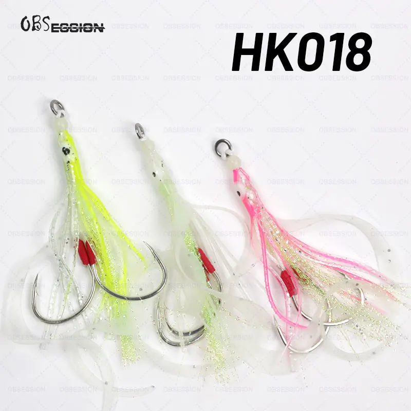 TEASER HK018 10 Uds anzuelo de doble asistencia plantilla señuelo de pescado falda suave de silicona Artificial cebo de calamar luminoso doble gancho Tai Kabura - imagen 4